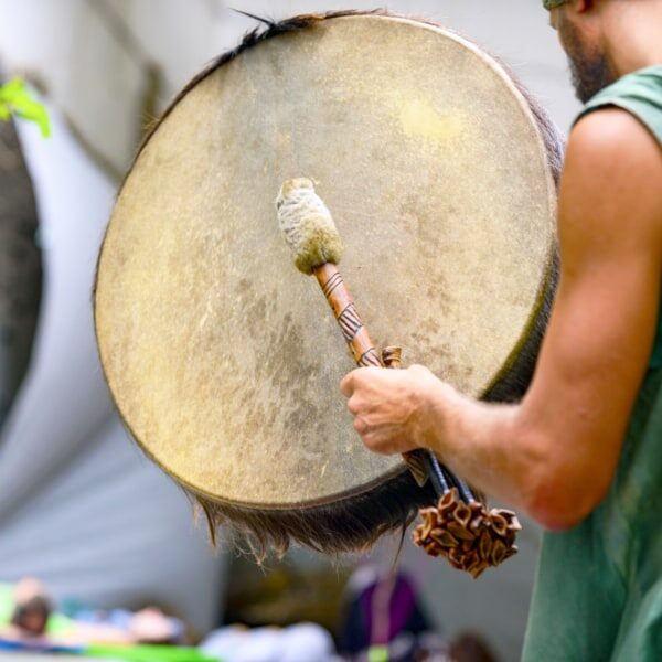 Shaman plays a tambourine, Ukraine. Odessa, August 2019